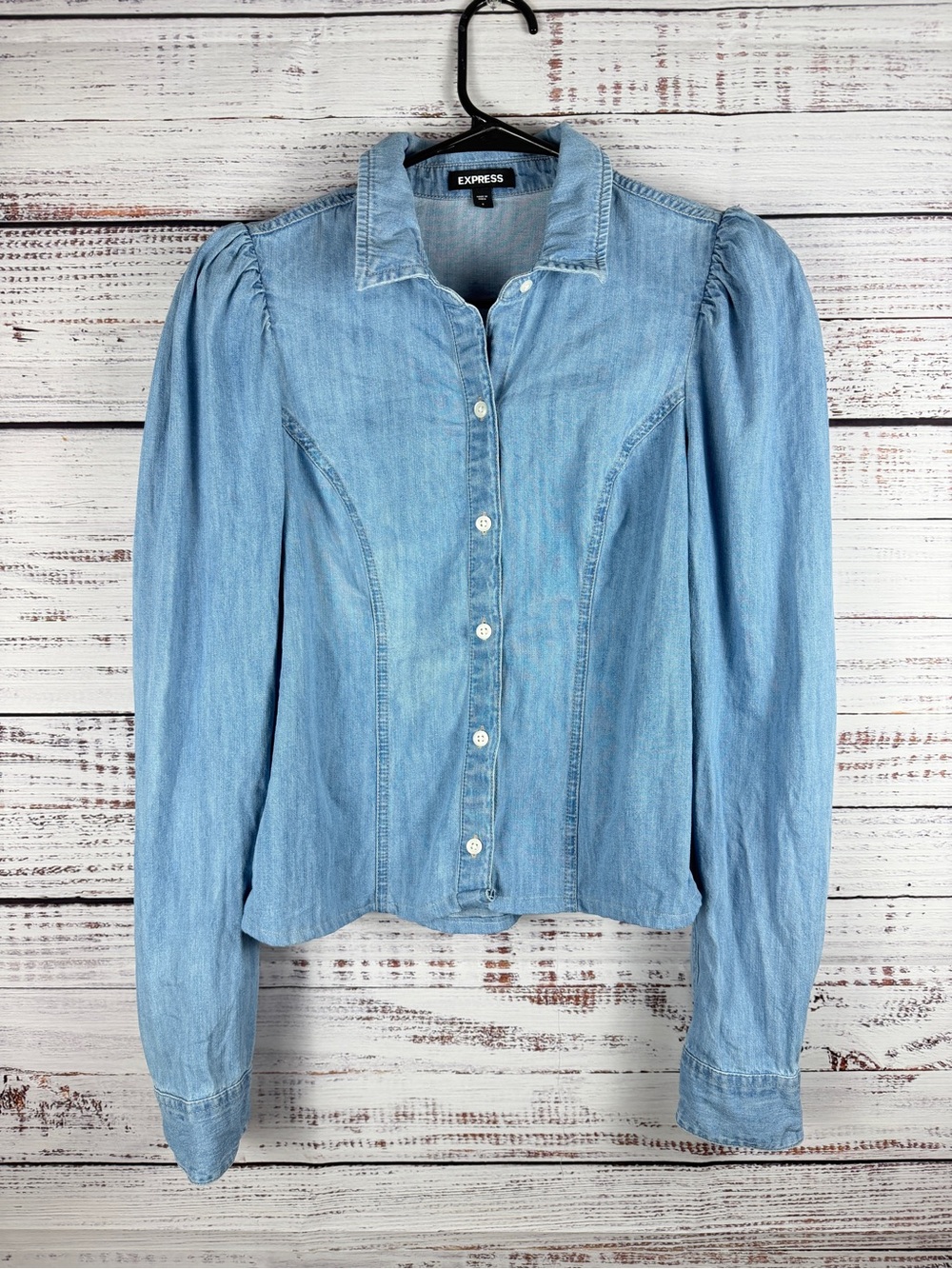 Express Denim Puff Sleeve Button Front Blouse Blue Size S